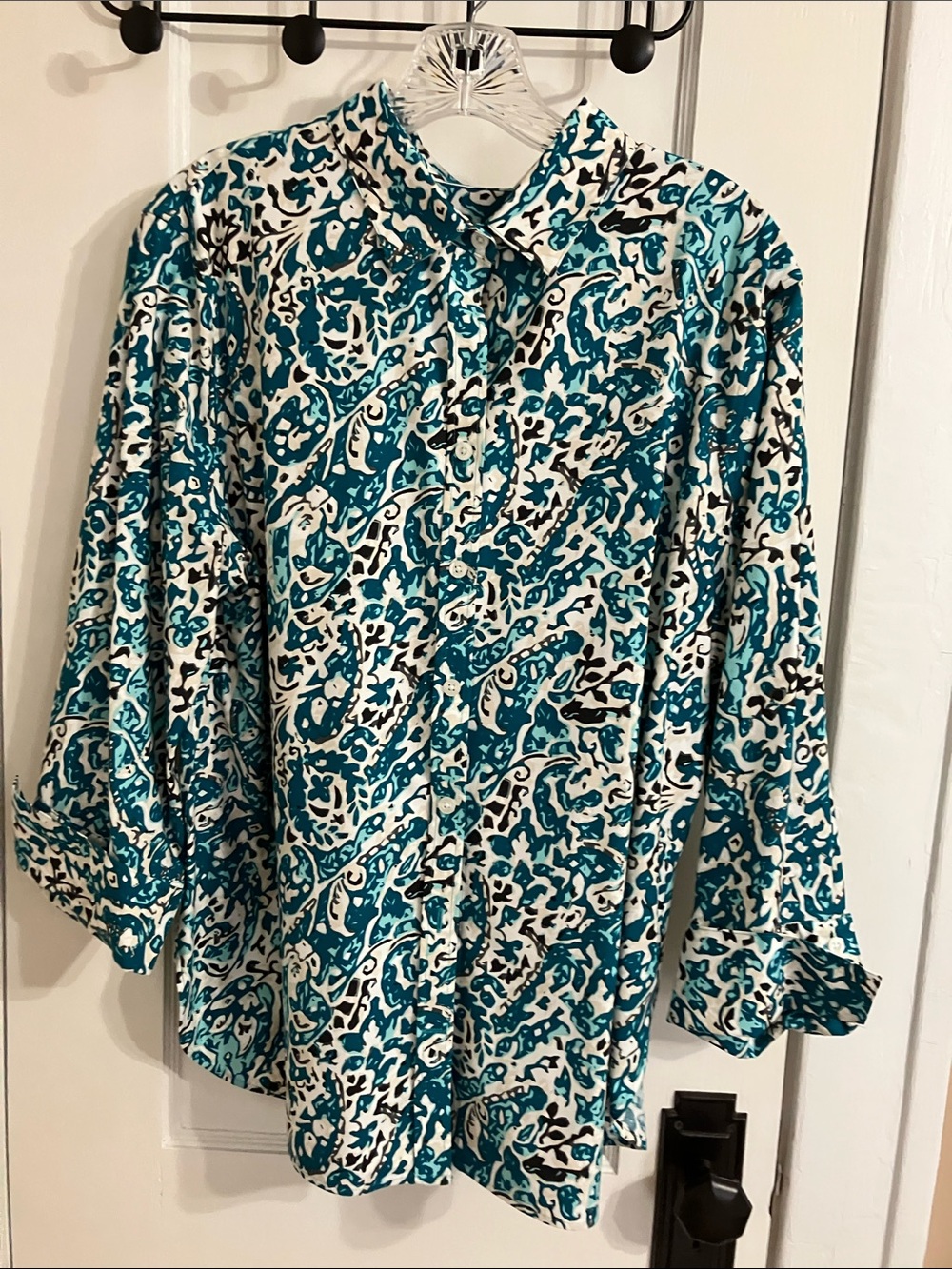 Chico's Teal, Black and White Paisley Button-Up Blouse